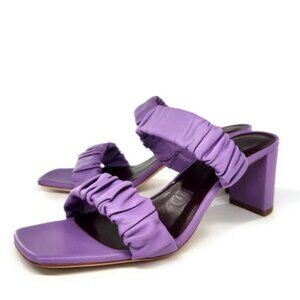 STAUD Frankie Rouched Lilac Leather Straps Open Square-Toe High Heel Sandals